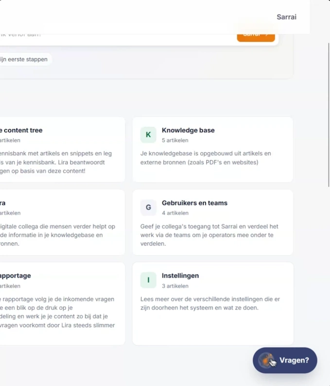 Screenshot van de Sarrai-chatassistent die een klantvraag beantwoordt