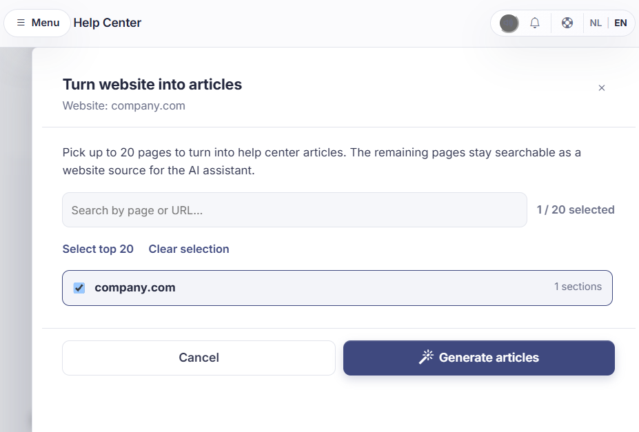 Het scherm "Turn website into articles" in Sarrai, met paginaselectie en de knop "Generate articles".