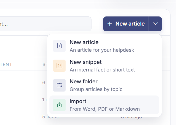 Het menu "New article" in Sarrai, met "Import" naast "New article", "New snippet" en "New folder".